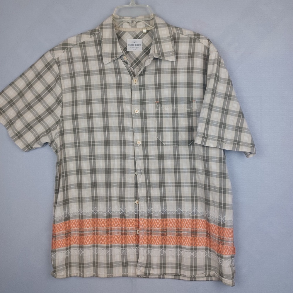 True Grit Mens Button Shirt Sz.L/Gray Plaid w/Orange Embroidered Design